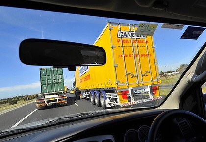 Driving along one of Melbourne’s truck-laden freeways yesterday: not for the faint-hearted or the claustrophobic. Photo: Wayne Taylor of the Age
